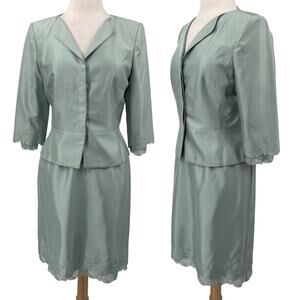 Kay Unger Silk Skirt Suit Set Embroidered Floral Semi Sheer Trim Mint Womens 8